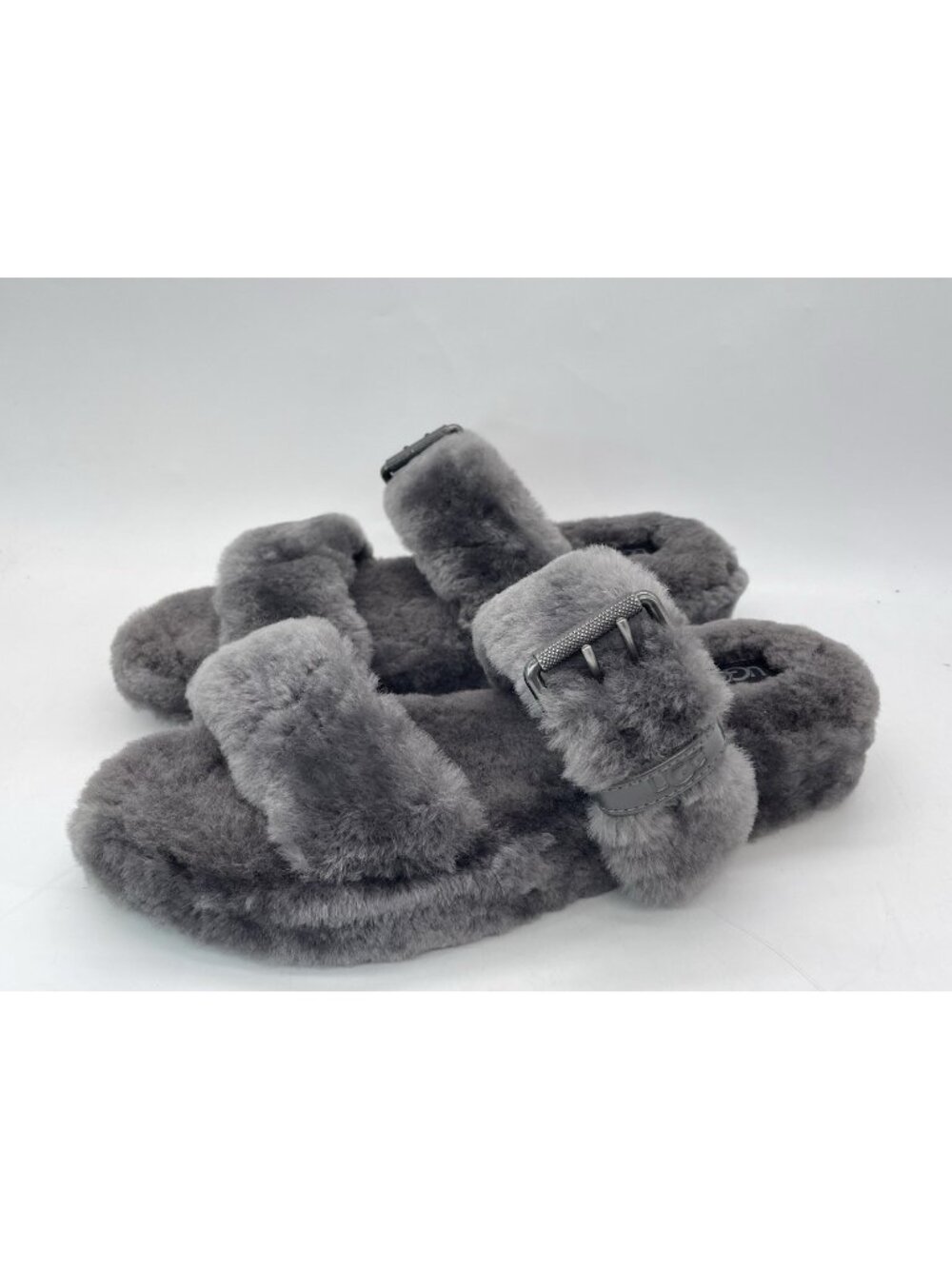 UGG Fuzz Yeah Sheepskin Double Strap Grey Slip On Slides Sandals Women’s 9